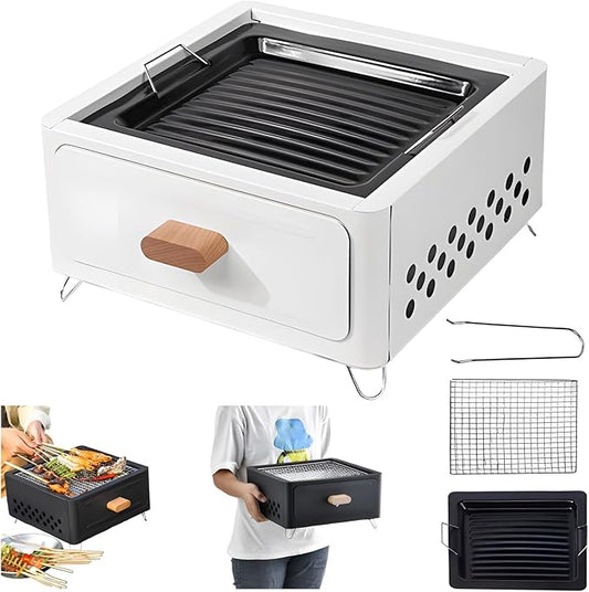 Desktop Charcoal Grill, Charcoals Grills Barbecue Grill Portable BBQ Charcoal Grill for Outdoor Cooking Camping Hiking Picnics Backpacking, Saving Space Grills (White+Frying Pan)