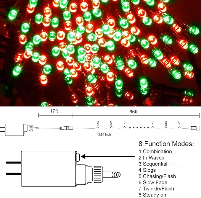 HOME LIGHTING 66ft Christmas Decorative Mini Lights, 200 LED Green Wire Fairy Starry String Lights Plug in, 8 Lighting Modes, for Indoor Outdoor Xmas Tree Wedding Party Decoration (Red & Green)