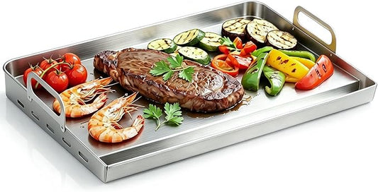 Universal Stainless Steel Griddle For Gas Grill And Gas Stove, 23” X 17” Flat Top Griddle With Handle For Weber, Nexgrill, Charbroils And Kenmore, Gas Griddle For Tailgating, Camping, And Party