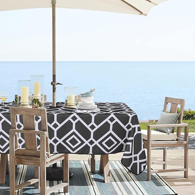 LUSHVIDA Moroccan Outdoor Tablecloth with Umbrella Hole and Zipper, 60 x 84 Inch Black, Rectangle Waterproof Wrinkle Free Table Cloth Decorative Fabric Washable Table Cover for Patio, Party, Picnic