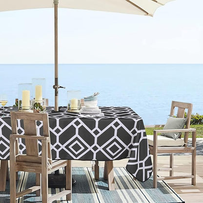 LUSHVIDA Moroccan Outdoor Tablecloth with Umbrella Hole and Zipper, 60 x 84 Inch Black, Rectangle Waterproof Wrinkle Free Table Cloth Decorative Fabric Washable Table Cover for Patio, Party, Picnic