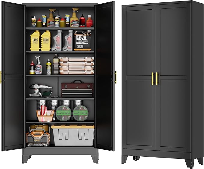GAIOUS 75'' Tall Metal Garage Storage Cabinet,File Cabinet with 2 Doors and 5 Adjustable Shelves, Outdoor Steel Tool Cabinet for Home,Office,Warehouse,Garage,Black