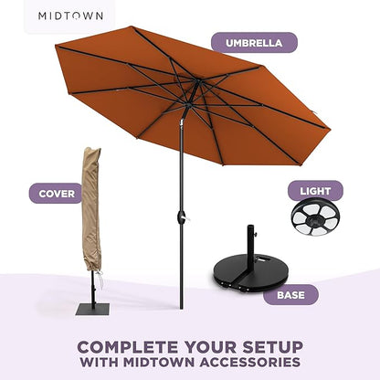 Midtown Umbrellas – The Lean 9 Ft Patio Umbrella with 10-Year-No-Fade Acrylast Acrylic Fabric, Auto-Tilt and 8 Reinforced Ribs for Deck, Pool, Garden, Hotel & Cafes – Sienna Rust Canopy, Black Pole