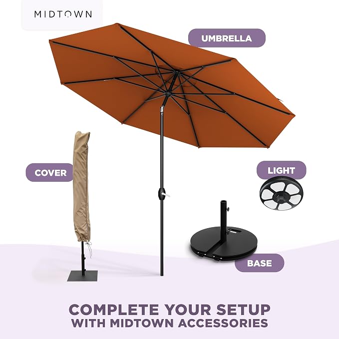 Midtown Umbrellas – The Lean 10 Ft Patio Umbrella with 10-Year-No-Fade Acrylast Acrylic Fabric, Auto-Tilt and 8 Reinforced Ribs for Deck, Pool, Garden, Hotel & Cafes – Sienna Rust Canopy, Black Pole
