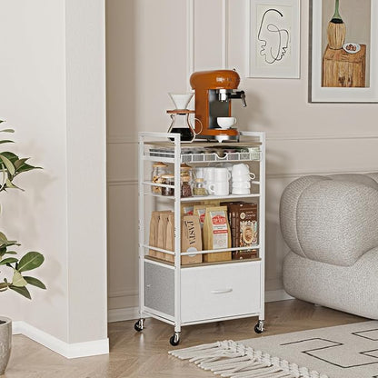 Coffee Bar Cabinet with Storage，5 Tier Coffee Station Table on Wheels, 33.6" H Cart with Drawer for Home Kitchen, Liquor Buffet Sideboard Cabinet (Modern White)