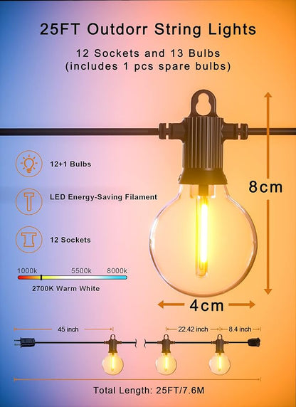 Zuske Outdoor String Lights, 25FT Patio Lights with 13 Shatterproof G40 Globe Bulb(1 Spare), Waterproof Connectable Dimmable LED Hanging Lights for Outside Backyard Porch Balcony Gazebo, 2700K