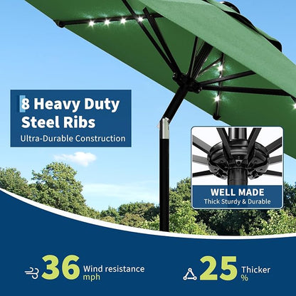 Garvee patio Umbrella with Solar Lights, Outdoor Table Umbrella with 8 Durable Ribs, Tilt & Crank Mechanism, Waterproof & UV Protection for Garden, Backyard, Poolside,
