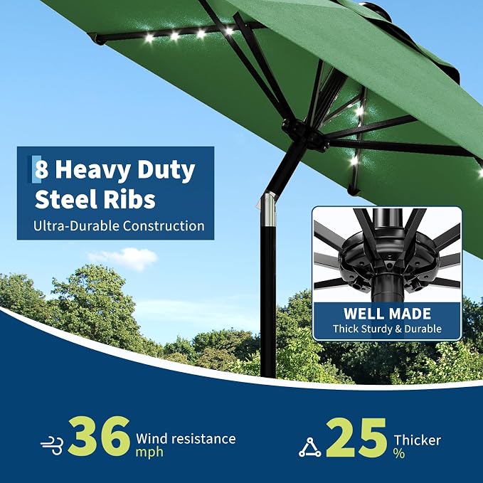Garvee patio Umbrella with Solar Lights, Outdoor Table Umbrella with 8 Durable Ribs, Tilt & Crank Mechanism, Waterproof & UV Protection for Garden, Backyard, Poolside,