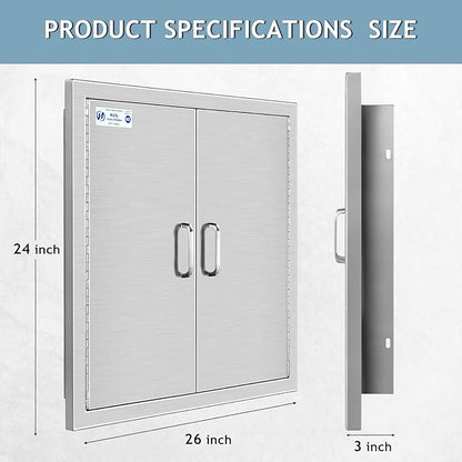 Hally Outdoor Kitchen Doors 26" W x 24" H of 304 Stainless Steel BBQ Double Access Door with 2 Detachable Handles and 4 Hooks, for BBQ Island, Grilling Station, Outdoor Cabinet