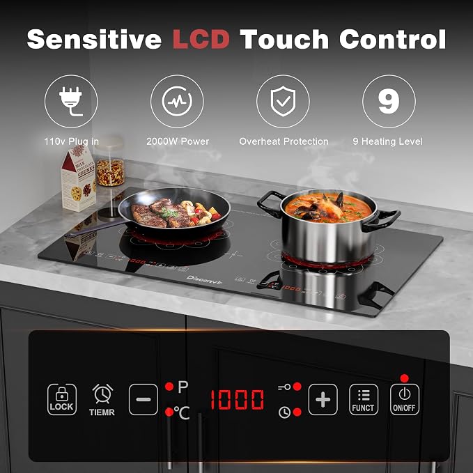 2 Burner Electric Cooktop 24 Inch 110V Plug in | Countertop and Built-in Two Burner Electric Stove Portable, Child Lock, Timer, Suitable for Rv, Dorm, Apt., 120V