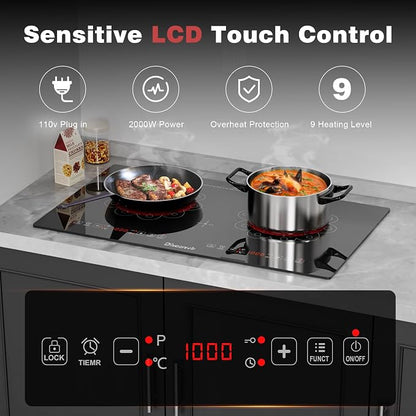 2 Burner Electric Cooktop 24 Inch 110V Plug in | Countertop and Built-in Two Burner Electric Stove Portable, Child Lock, Timer, Suitable for Rv, Dorm, Apt., 120V