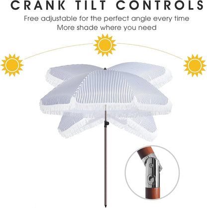 7.5Ft Patio Beach Umbrella with Fringe & Tassel, UPF50+ Push Button Tilt & Crank, Ideal for Garden, Lawn, Deck, Yard & Pool