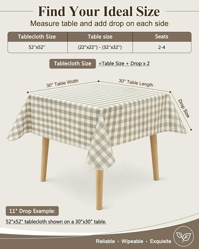 Seenus Khaki Gingham Card Table Tablecloth with Flannel Backing, Waterproof & Easy Clean Farmhouse Decor, Rustic Checkered Table Cloth for Family Dining & Summer BBQ, Square 52 x 52 Inch