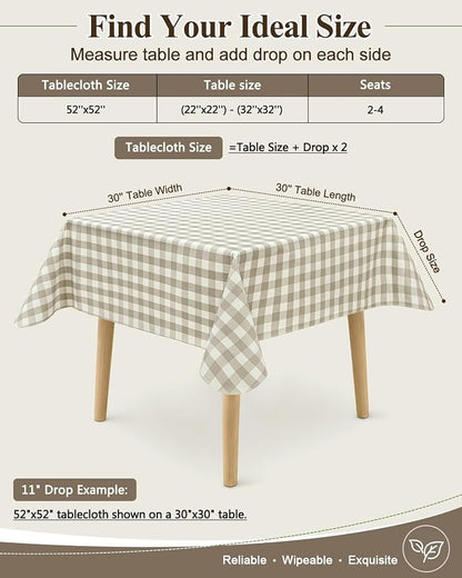 Seenus Khaki Gingham Card Table Tablecloth with Flannel Backing, Waterproof & Easy Clean Farmhouse Decor, Rustic Checkered Table Cloth for Family Dining & Summer BBQ, Square 52 x 52 Inch
