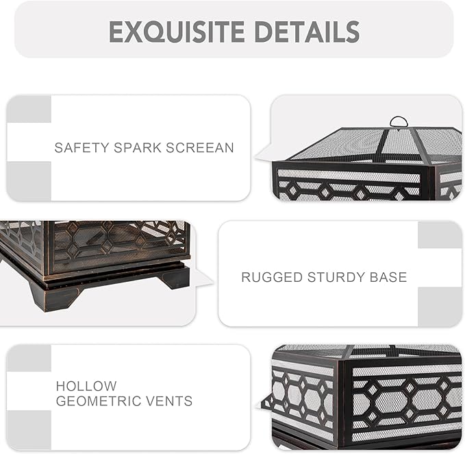 Florise Outdoor Fire Pit, 26 Inch Wood Burning Firepit for Outside with Mesh Cover & Fire Poker, Large Square Metal Fireplace for Patio, Backyard, Garden, Bonfire Party