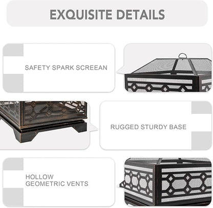 Florise Outdoor Fire Pit, 26 Inch Wood Burning Firepit for Outside with Mesh Cover & Fire Poker, Large Square Metal Fireplace for Patio, Backyard, Garden, Bonfire Party