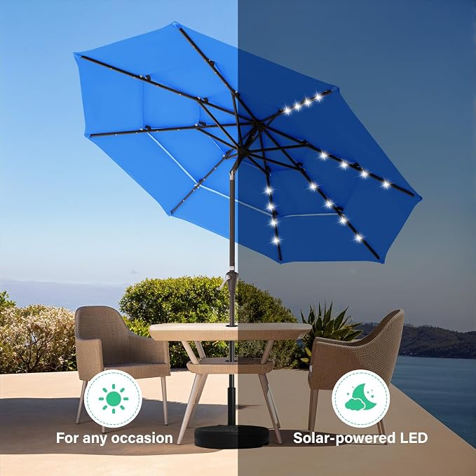 JEAREY 9 ft 3-Tier Outdoor LED Lighted Patio Umbrella w/Crank, Royal Blue | Solar Market Table Umbrella with 8 Sturdy Ribs, UV Protection Waterproof Sunproof for Garden, Deck and Backyard