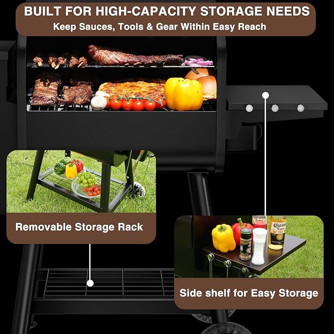 KingChii Electric Wood Pellet Grill & Smoker with Side Shelf, 456 SQ.IN Grill Capacity, 18LB Hopper, with PID Temperature Control (180-425°F) for Backyard Camping Bake and Roast, Black