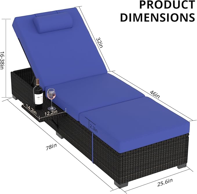 PeakPursuit Patio Lounge Chairs,Outdoor PE Wicker Chaise Lounge Set of 2,Chaise Lounge Chair Outdoor，Pool Furniture,Brown Rattan Recliners with Adjustable Backrest,Storage Table,Royal Blue