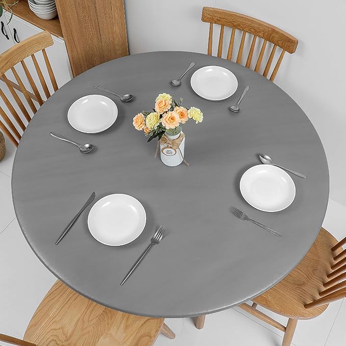 Romanstile Round Fitted Vinyl Tablecloth with Elastic Edge 100% Waterproof | Table Covers for 57"- 68" Tables, Wipeable Flannel Backed Plastic Table Cloths for Dinner, Picnic, Camping, Outdoor, Grey