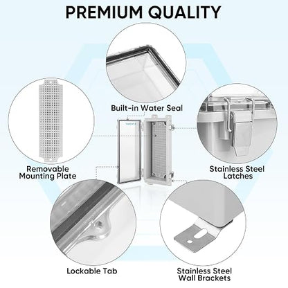 TICONN Outdoor Electrical Box Waterproof, Junction Box IP67 ABS Plastic Enclosure with Hinged Cover with Mounting Plate, Wall Brackets, Cable Glands (Clear, 10.2"x4.3"x3.0")