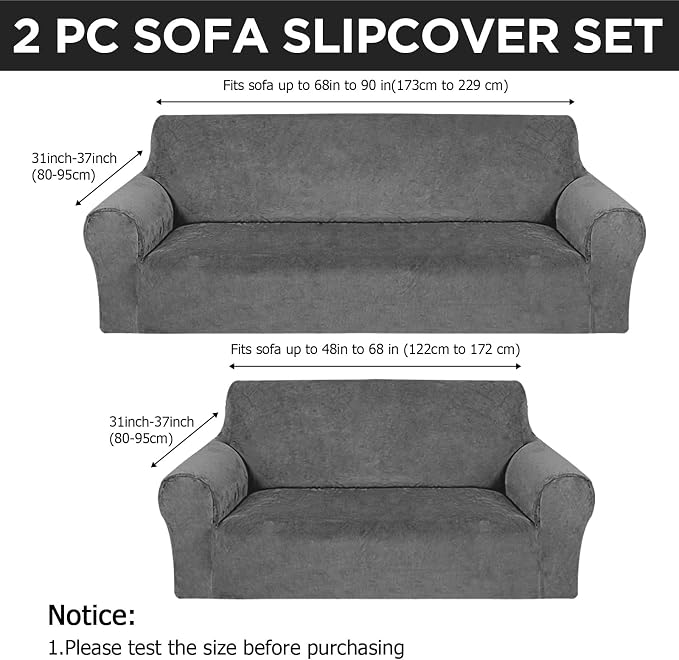 Peryiter 2 Pcs Couch and Loveseat Sofa Covers,Dark Gray,Velvet | Armchair Covers for Living Room, Sofa Cushion Slipcover 2/3 Seater, Furniture Protector, Polyester and Spandex, Washable