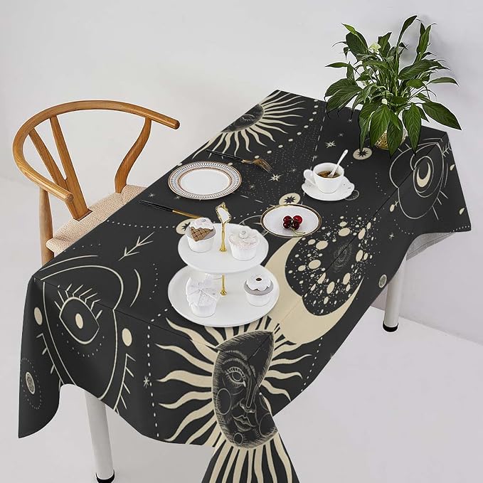 Sun Moon Tablecloth Boho Astrology Mystical Celestial Star Crescent Galaxy Space Table Cloth Water Resistant Wipeable Table Cover for Farmhouse Picnic Party Holiday Kitchen Dinner Table 55"x55"
