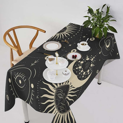 Sun Moon Tablecloth Boho Astrology Mystical Celestial Star Crescent Galaxy Space Table Cloth Water Resistant Wipeable Table Cover for Farmhouse Picnic Party Holiday Kitchen Dinner Table 55"x55"