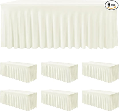 6 Pack Beige Spandex Table Covers 6ft Rectangle Ruffle Skirts for Party | Elastic Table Covers 6 Foot, Pleated Fitted Table Cloths, Wrinkle Resistant Elegant Table Skirts Wedding, Banquets