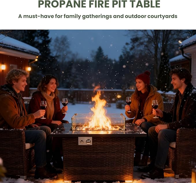 44" Outdoor Propane Fire Table, 50,000 BTU Gas Fire Pit with Ceramic Tile Top, PU Rattan Base, Tempered Glass Wind Guard, Lid & Waterproof Cover, Rectangular Patio Firepit for Backyard, Deck & Garden