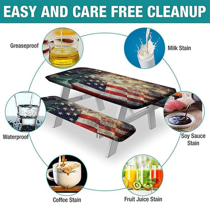 4th of July USA Flag Picnic Table and Bench Fitted Covers, American Flag Composite Photo of States Idols with Fireworks on Background, 28x72 Inch for Dining, Outdoor Camping USE, 3-Piece Set
