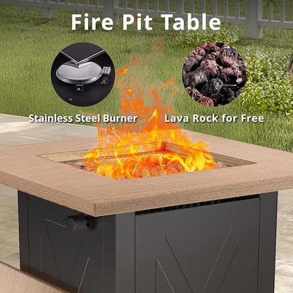 Hexago 28 Inch Propane Fire Pit Table, Gas Square Outdoor Fire Table Dinning with Lid, Lava Stone, 50000BTU, ETL Certification, for Outside Garden Backyard Deck Patio