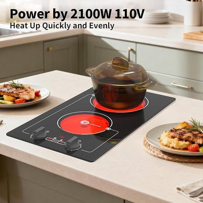 VBGK Electric cooktop, Built-in Design and CountertopStove Top with Knob Control&Touch Control,9 PowerLevel, Timer & Kid Safety Lock,110-120V 2100W 2burner Electric cooktop