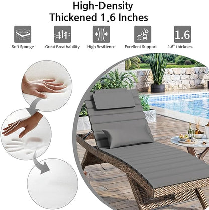 2 Sets of Outdoor Water-Resistant Olefin Chaise Lounge Cushions with Headrest and Pillow, Weather and Fade Resistant Foldable Quilted Lounge Chair Pads with Straps, Dark Gray, 73" L x 22" W