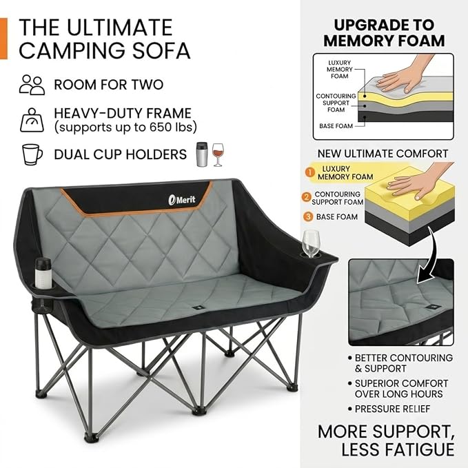 EMERIT Oversized Fully Padded Camping Chair, Heavy Duty 650LB Folding Camping Loveseat, Quad Fold Double Camping Couch with Cup Holders & Carry Bag for Outdoor, Lawn, Sports Events Black