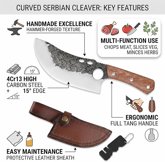 KOFERY Hand Forged Serbian Cleaver Knife with Full Tang 4Cr13 High Carbon Steel, Viking Butcher Knife for Meat Chopping, Outdoor Camp Cooking & BBQ with Leather Sheath & Sharpener