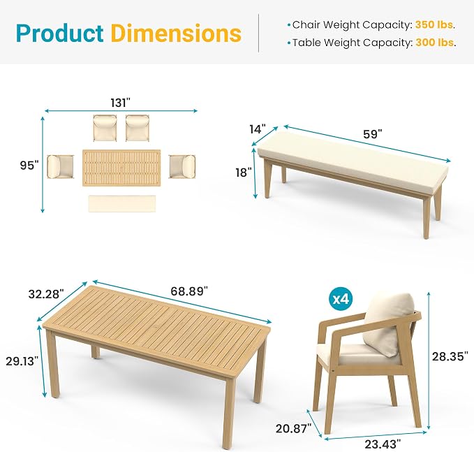 Wisteria Lane 6-Pieces Acacia Patio Table and Chairs Set for 6, Outdoor Dining Set with Umbrella Hole Table, Modern Patio Table Set with Cushion, Patio Furniture Set for Backyard Deck Garden Porch