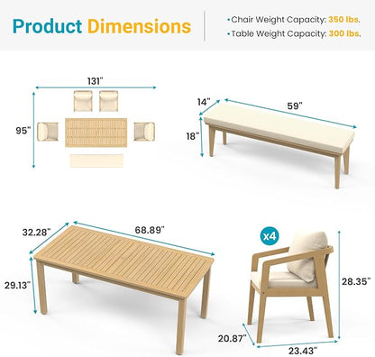 Wisteria Lane 6-Pieces Acacia Patio Table and Chairs Set for 6, Outdoor Dining Set with Umbrella Hole Table, Modern Patio Table Set with Cushion, Patio Furniture Set for Backyard Deck Garden Porch