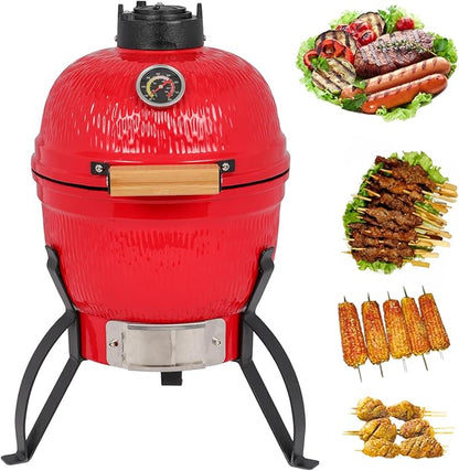 Portable Ceramic Grill 13" Round Charcoal Barbecue Grills with Thermometer, Compact BBQ Grill for Garden Party Picnic Hiking Travel Backyard Cooking, Easy to Assemble, Asadores de Carbon, Red