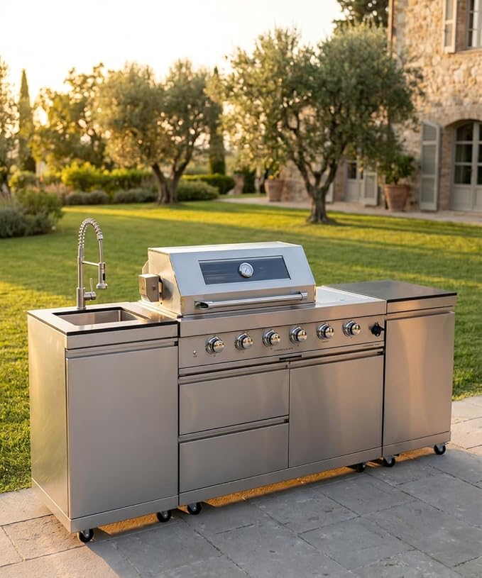 Outdoor Kitchen Island Barbecue Grill with Refrigerator & Rotisserie, Heavy-Duty Stainless Steel Freestanding Grills Station, Weather-Resistant Cooking Cabinet for Backyard & Summer Propane Gas