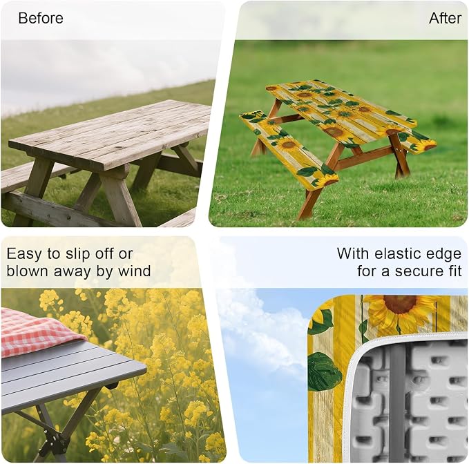 FOREVER QUEEN Picnic Table Cover with Bench Covers – Waterproof Elastic Fitted Tablecloth for 6 Foot Rectangle Tables, 3PCS Set with Drawstring Bag for Camping RV Outdoor Travel (Spring Sunflowers)