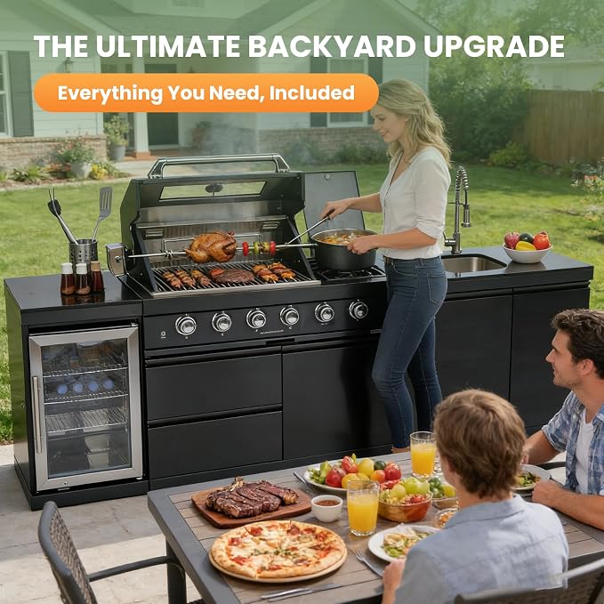 98" Rolling Outdoor Kitchen Island with Built-In 4 Burners 72,000 BTU Stainless Steel Gas Grill Featuring Rotisserie Oven,Granite Countertops,Beverage Fridge,Sink. (Black + Fridge + Sink, Propane Gas)