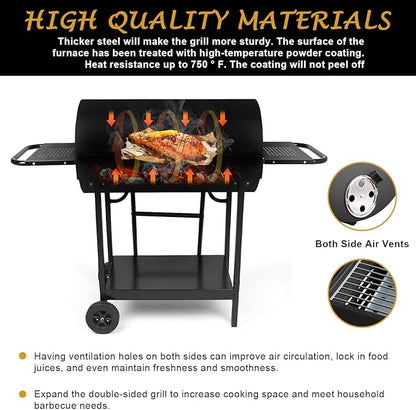 Double Charcoal Barrel Grill with Two Side Shelf, Stainless Steel Heavy Duty Grill For Outdoor Camping Backyard Picnic Party