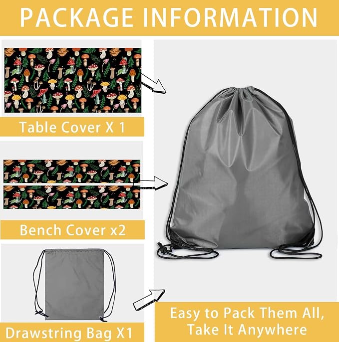 JAWO Black Picnic Table Cover with Bench Covers Elastic Edges Camping RV Essentials Waterproof Windproof Outdoor Fitted Tablecloth Rectangle Camping Tables and Seats, 30x96in