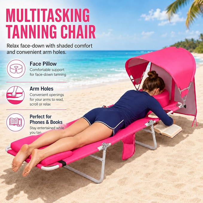 Backpack Beach Tanning Lounge Chair with Canopy Shade Face Hole Padded Adjustable Washable, 6 Position Layout Chair for Outside Sunbathing Poolside Lawn, UPF 50+ Wind-Resistant Sun Shade, 2Pack