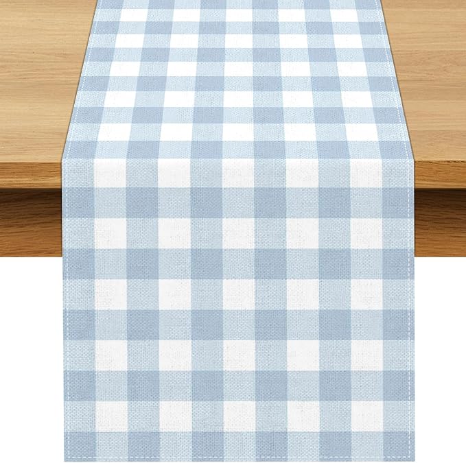Dusty Blue Gingham Table Runner Light Blue Checkered Boy Girl Baby Shower Birthday Party Decoration Home Dining Kitchen Island Decor (13" x 36")