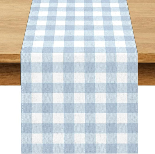 Dusty Blue Gingham Table Runner Light Blue Checkered Boy Girl Baby Shower Birthday Party Decoration Home Dining Kitchen Island Decor (13" x 120")