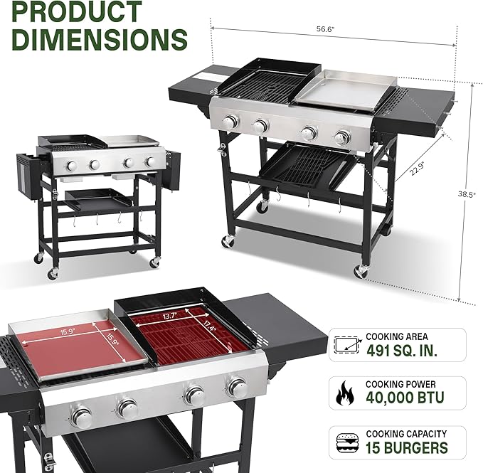 Gas Grill and Griddle Combo with Conversion Kit, 4-Burner Griddle Grill Combo with Folding Side Tables, 40,000 BTU Propane Grill with Cast Iron Grates and Stainless Steel Griddle