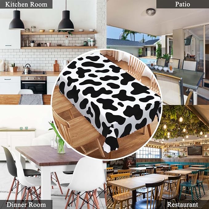 Swono Cow Table Covers 52x70 Inch Farm Cattle Cow Skin Print Black White Spots Wipeable Tablecloth Kitchen Dinning Tabletop Decoration, Table Cloth for Outdoor and Indoor Use