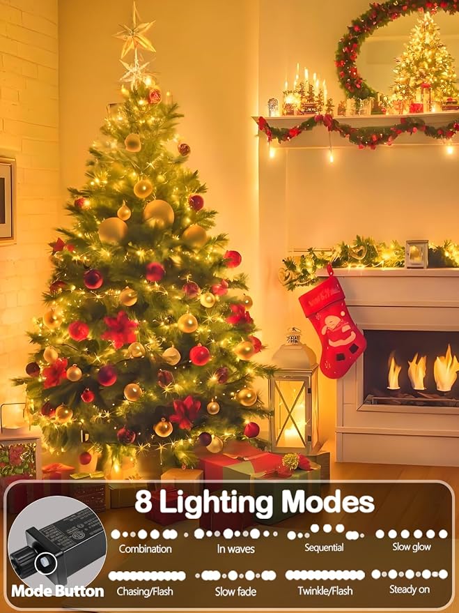 Extendable 108 FT 300 LED Christmas String Lights Indoor Outdoor Warm White | Green Wire Ultra-bright,8 Modes, Timer and Memory Function, UL Certified Fairy Twinkle Lights Waterproof for Xmas Tree Decor
